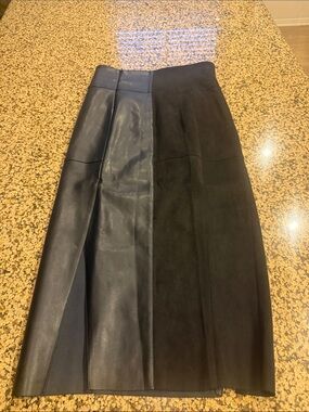 Black Two-Tone Faux Leather & Suede Midi Skirt
